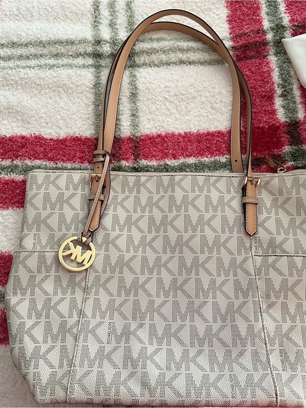 Michael Kors Beige Logo Tote Bag with Gold Accent